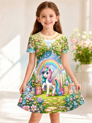 Girls' Rainbow Horse Art Print Casual Dress