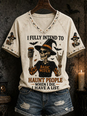 Maglietta casual con scollo a V con stampa teschio di Halloween divertente da donna