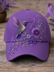 Cappello di supporto per la consapevolezza dell'Alzheimer con stampa floreale e colibrì viola unisex