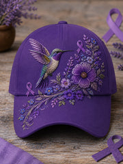 Cappello di supporto per la consapevolezza dell'Alzheimer con stampa floreale e colibrì viola unisex