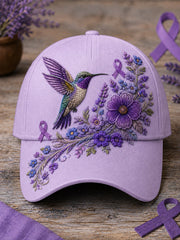 Cappello di supporto per la consapevolezza dell'Alzheimer con stampa floreale e colibrì viola unisex