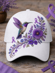 Cappello di supporto per la consapevolezza dell'Alzheimer con stampa floreale e colibrì viola unisex
