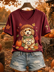 Maglietta a maniche corte con stampa Jesus Loves Dog Fall Leaves da donna