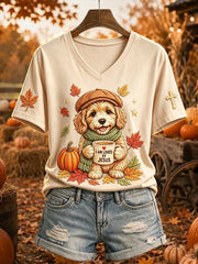 Maglietta a maniche corte con stampa Jesus Loves Dog Fall Leaves da donna