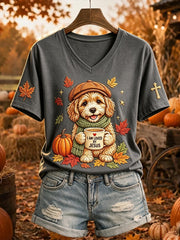 Maglietta a maniche corte con stampa Jesus Loves Dog Fall Leaves da donna