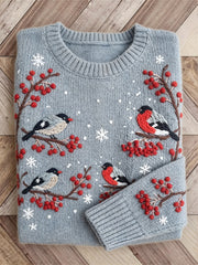 Maglione girocollo invernale da donna con stampa fiocchi di neve Uccelli e bacche